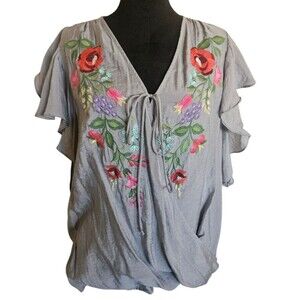 Umgee Gray Partial Wrap Floral Embroidered Ruffle Sleeve Blouse Size M